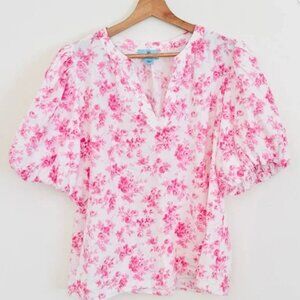 CeCe Short Sleeve Linen Blend Blouse in Pink Floral Toile Print